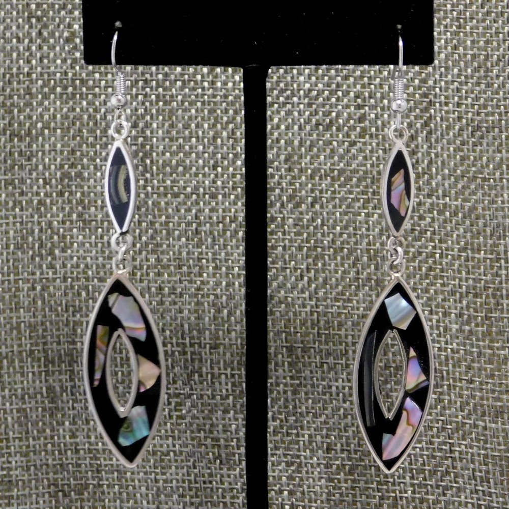 SOLD-----Mexican Dangle Drop Earrings Vintage Alpaca Silver Abalone Shell Black